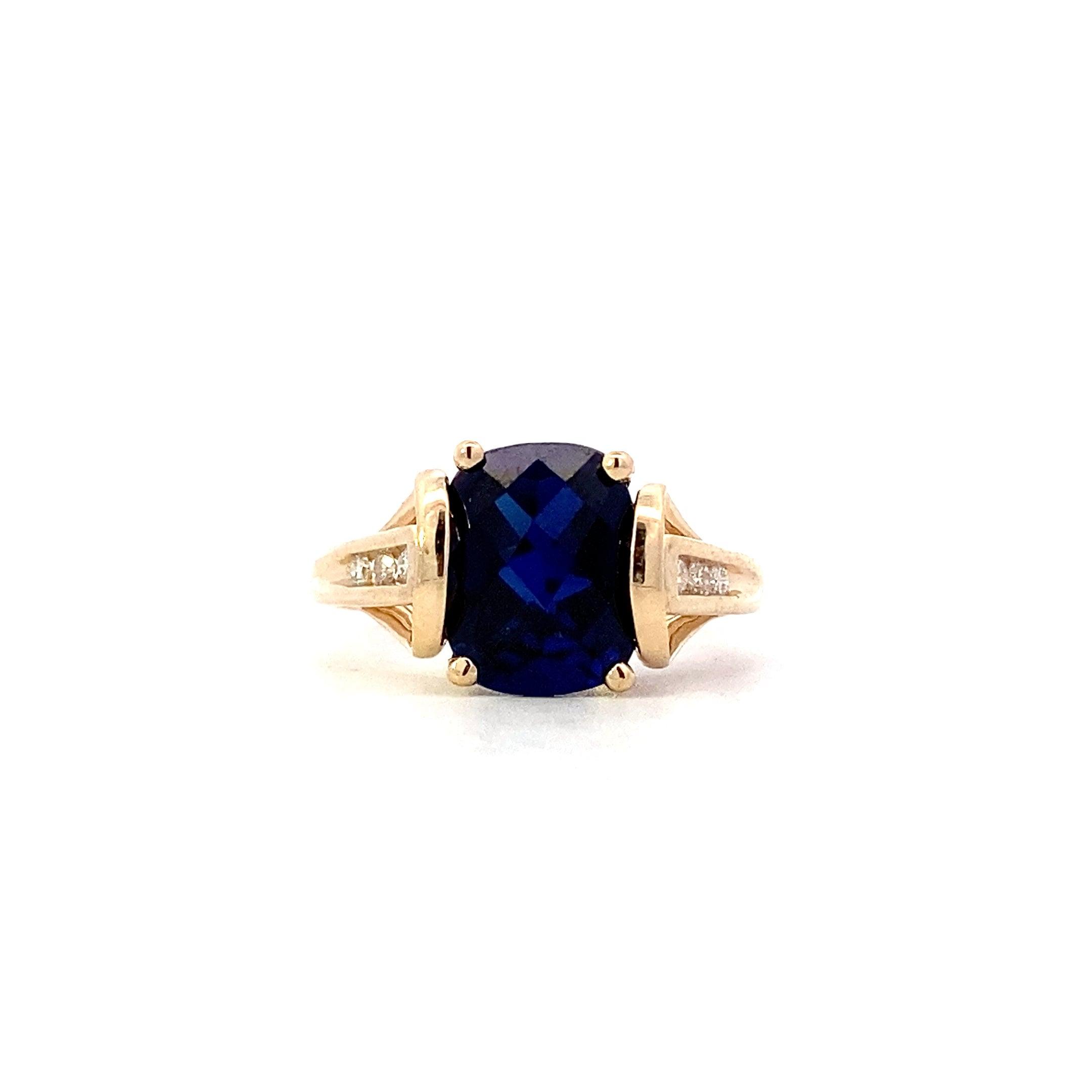 10K Yellow Gold Synthetic Blue Sapphire Women's Diamond Ring - 0.07ct - ipawnishop.com