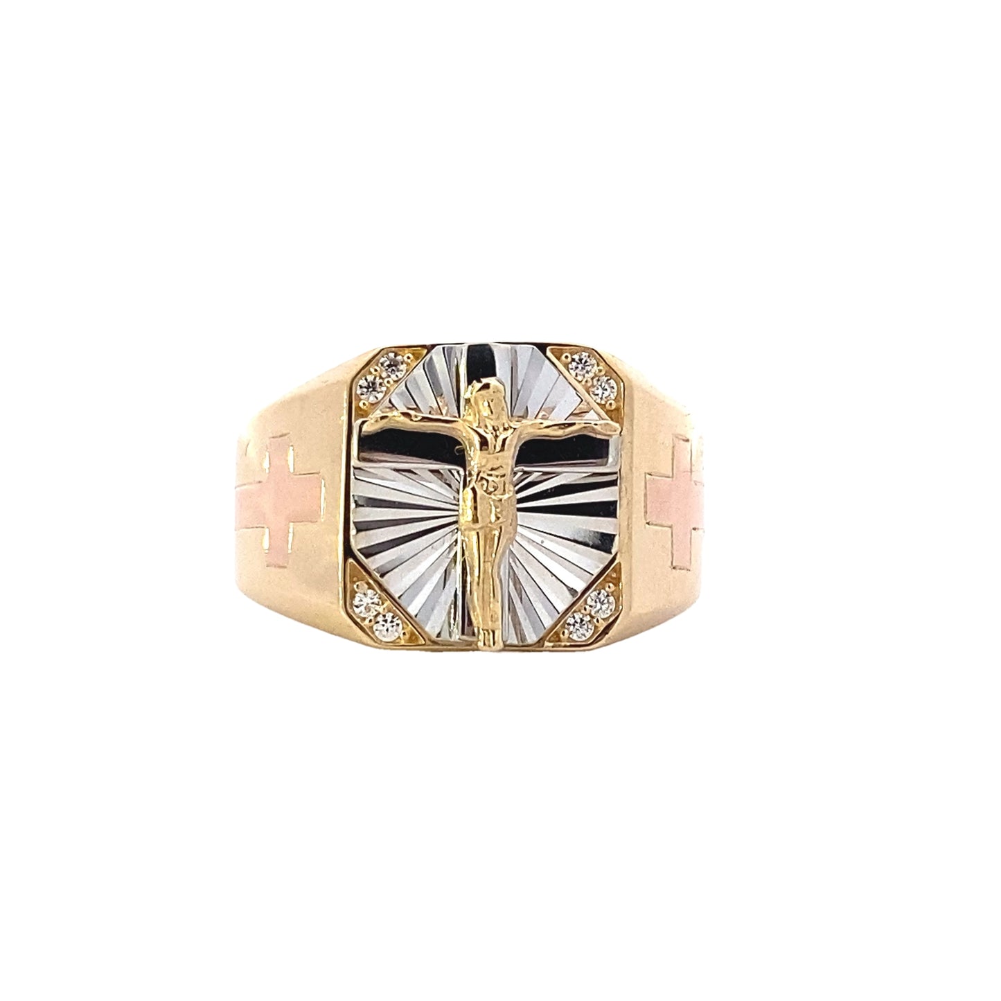 10K Tri-Color Gold CZ Crucifix Men's Ring