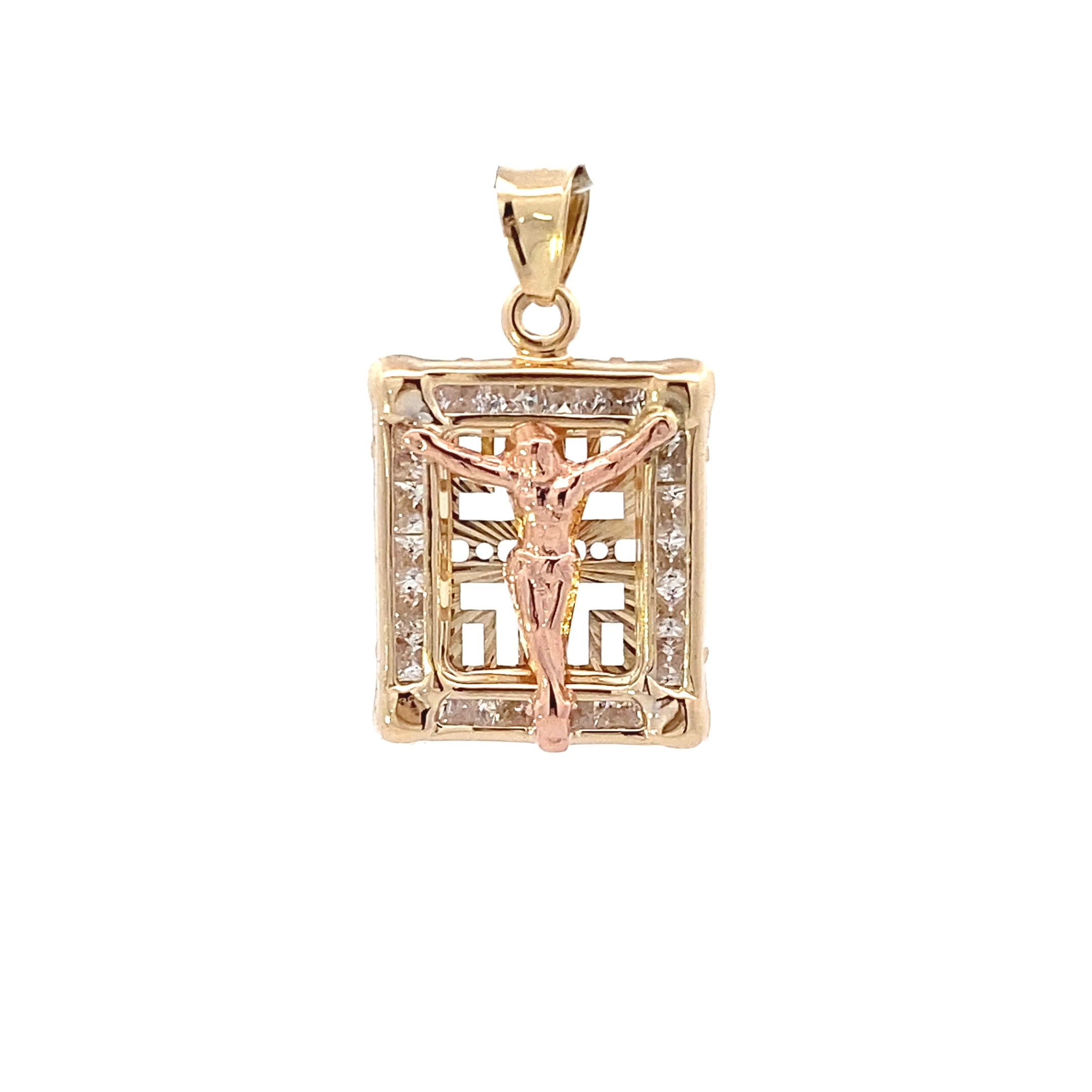 10K Yellow & Rose Gold Square CZ Crucifix Pendant