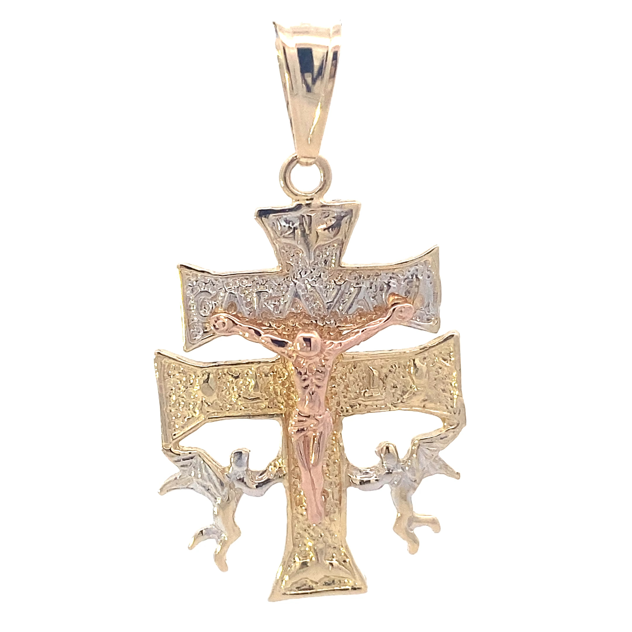 14K Tri-Color Gold 33x25mm Double Cross Crucifix & Angels Pendant