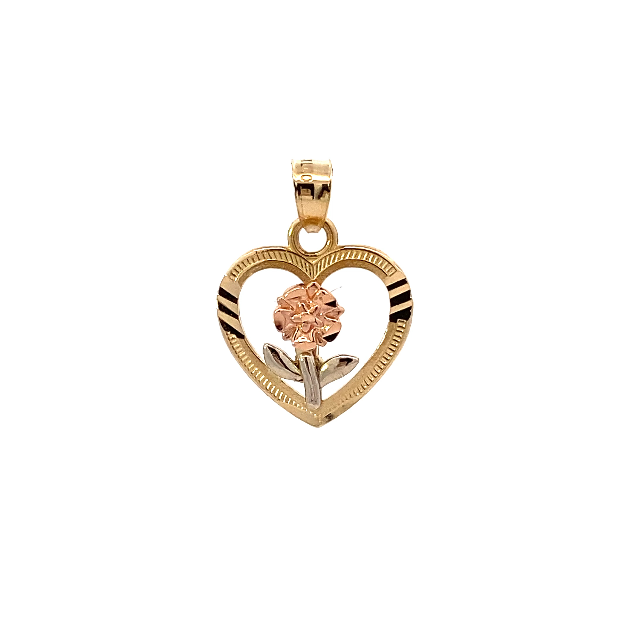 14K Tri-Color Gold DC Heart & Rose Pendant