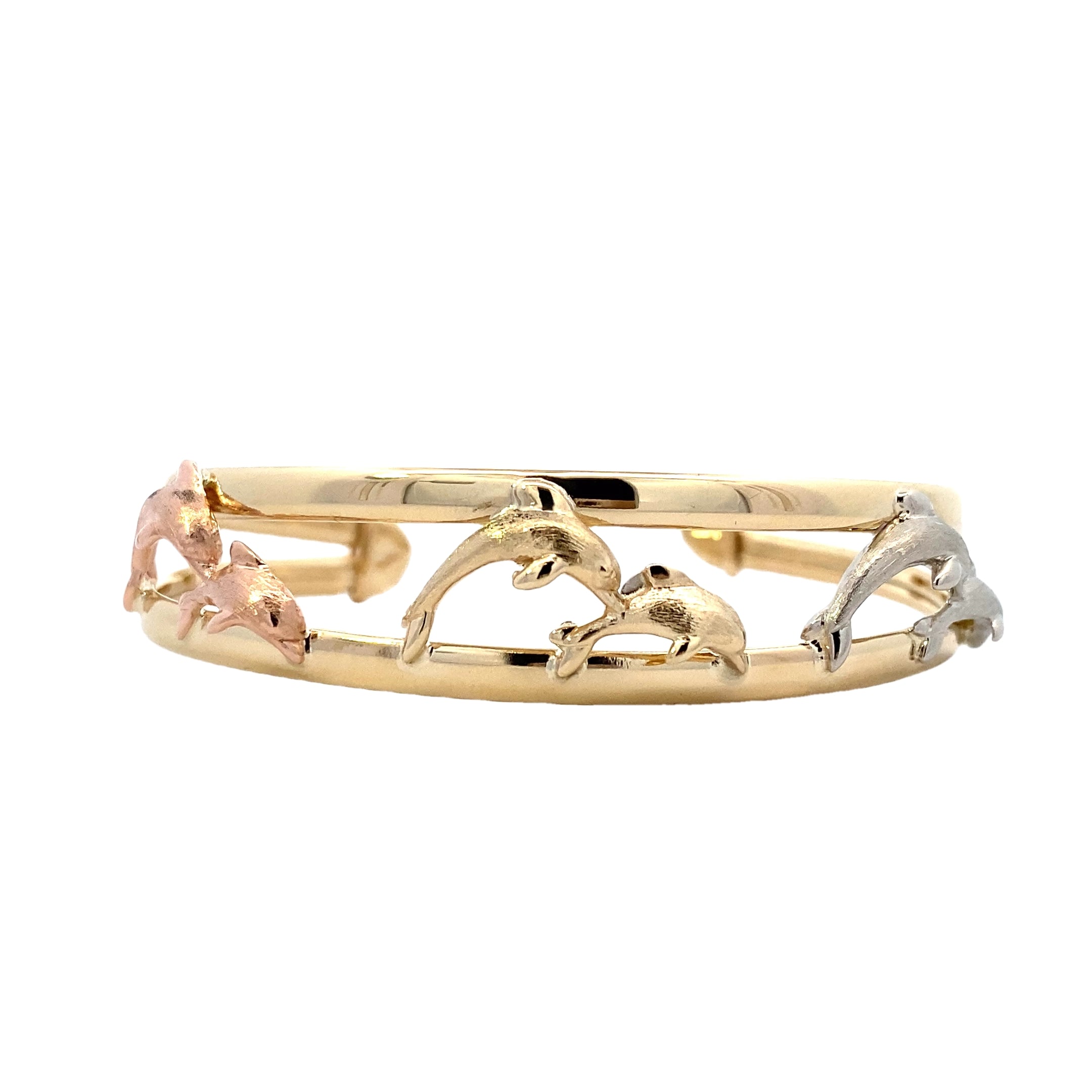 14K Tri-Color Gold Dolphin Bangle Bracelet