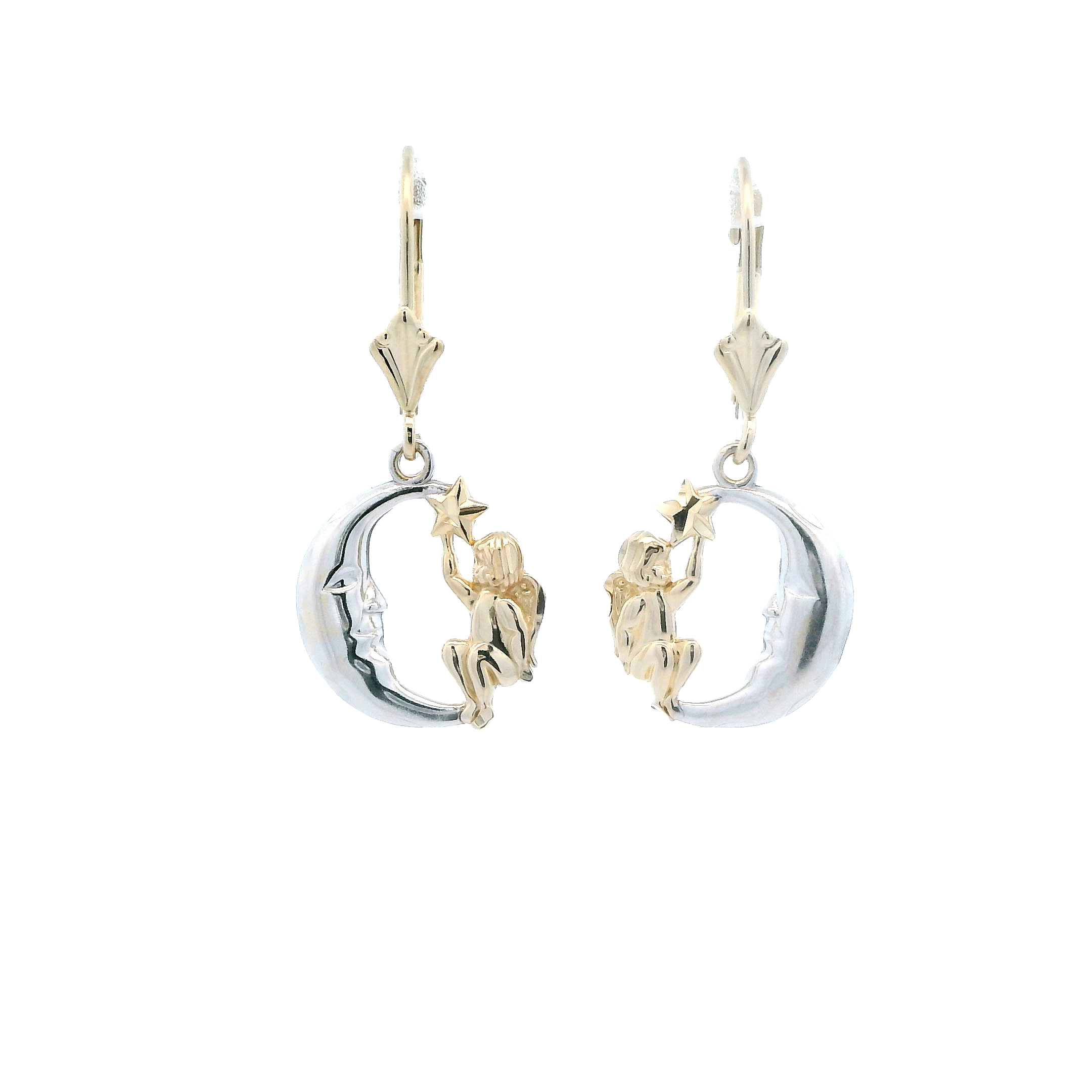 14K Yellow & White Gold Angle On Moon Earrings