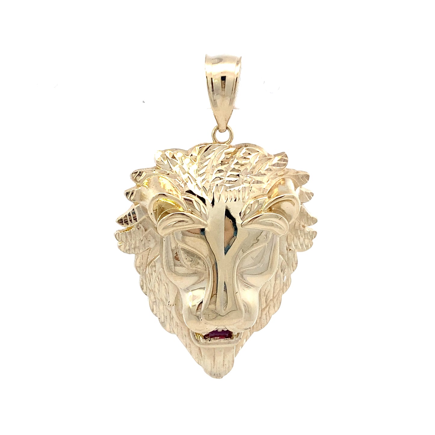 10K Yellow Gold Synthetic Ruby Baguette Lion Head Pendant