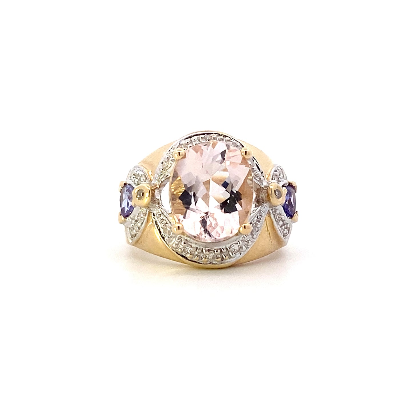 14K Yellow Gold Pink Quartz , Trillion Tanzanite & Diamond Ring - 0.16ct