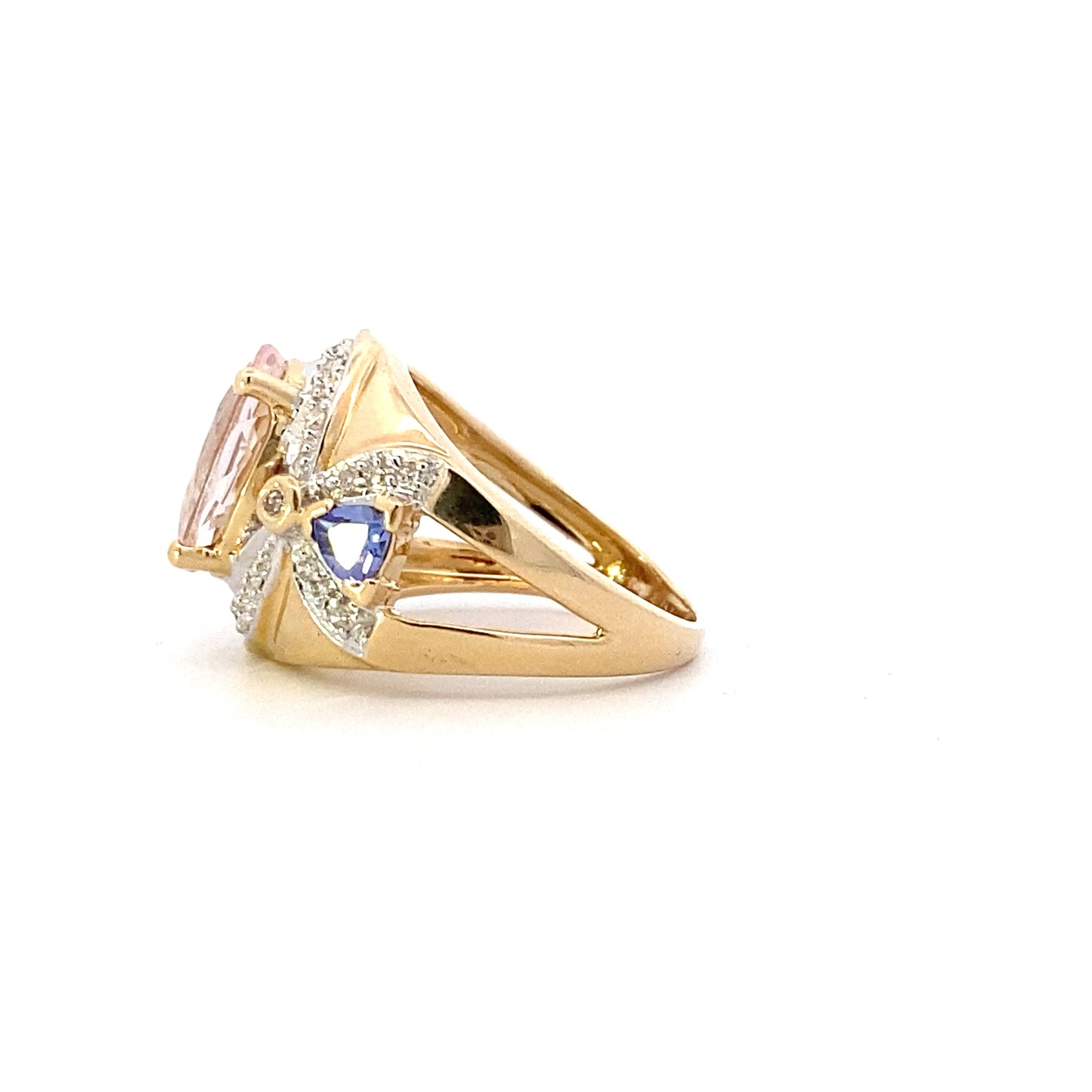 14K Yellow Gold Pink Quartz , Trillion Tanzanite & Diamond Ring - 0.16ct