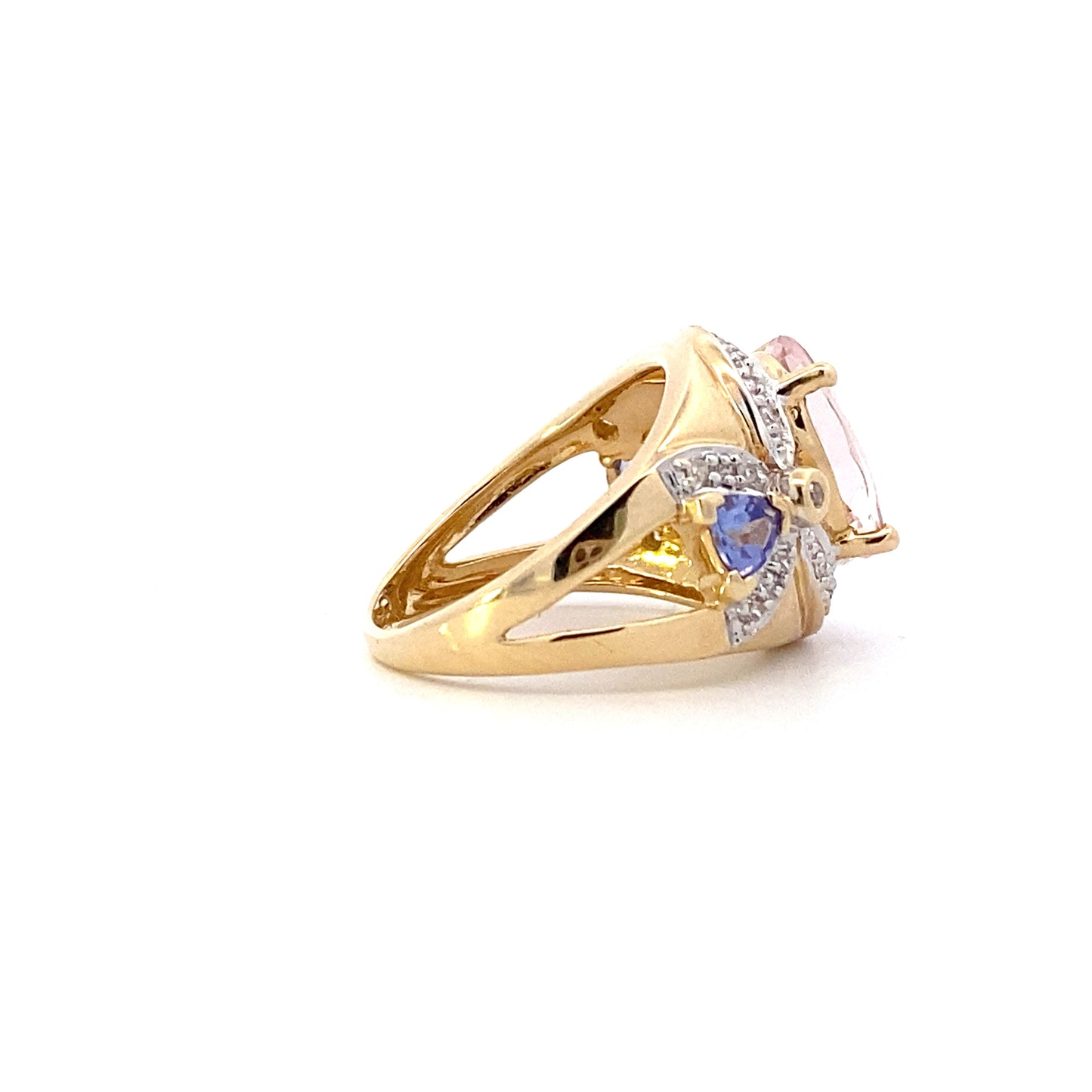 14K Yellow Gold Pink Quartz , Trillion Tanzanite & Diamond Ring - 0.16ct