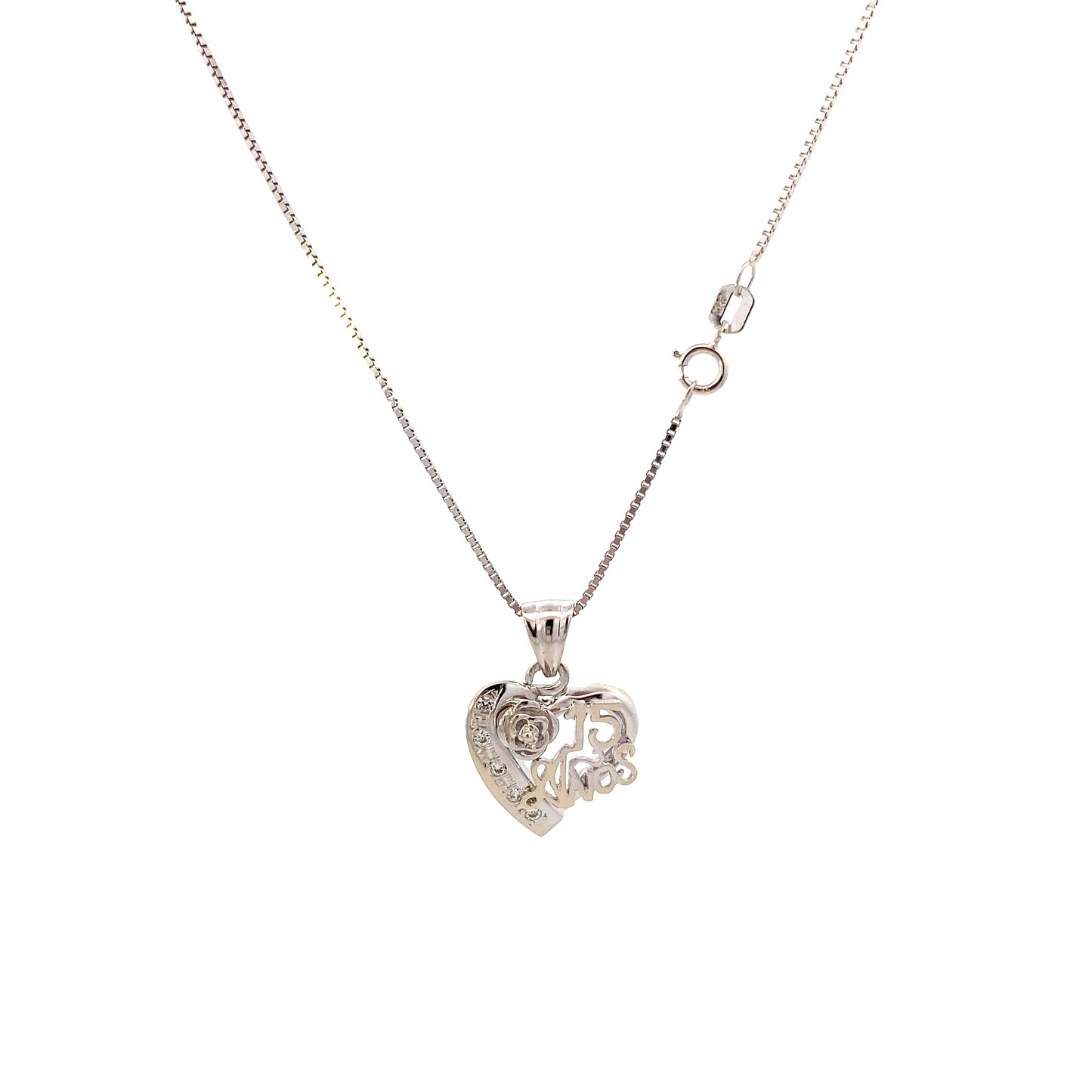 14K White Gold Heart & Rose "15 Años" Necklace