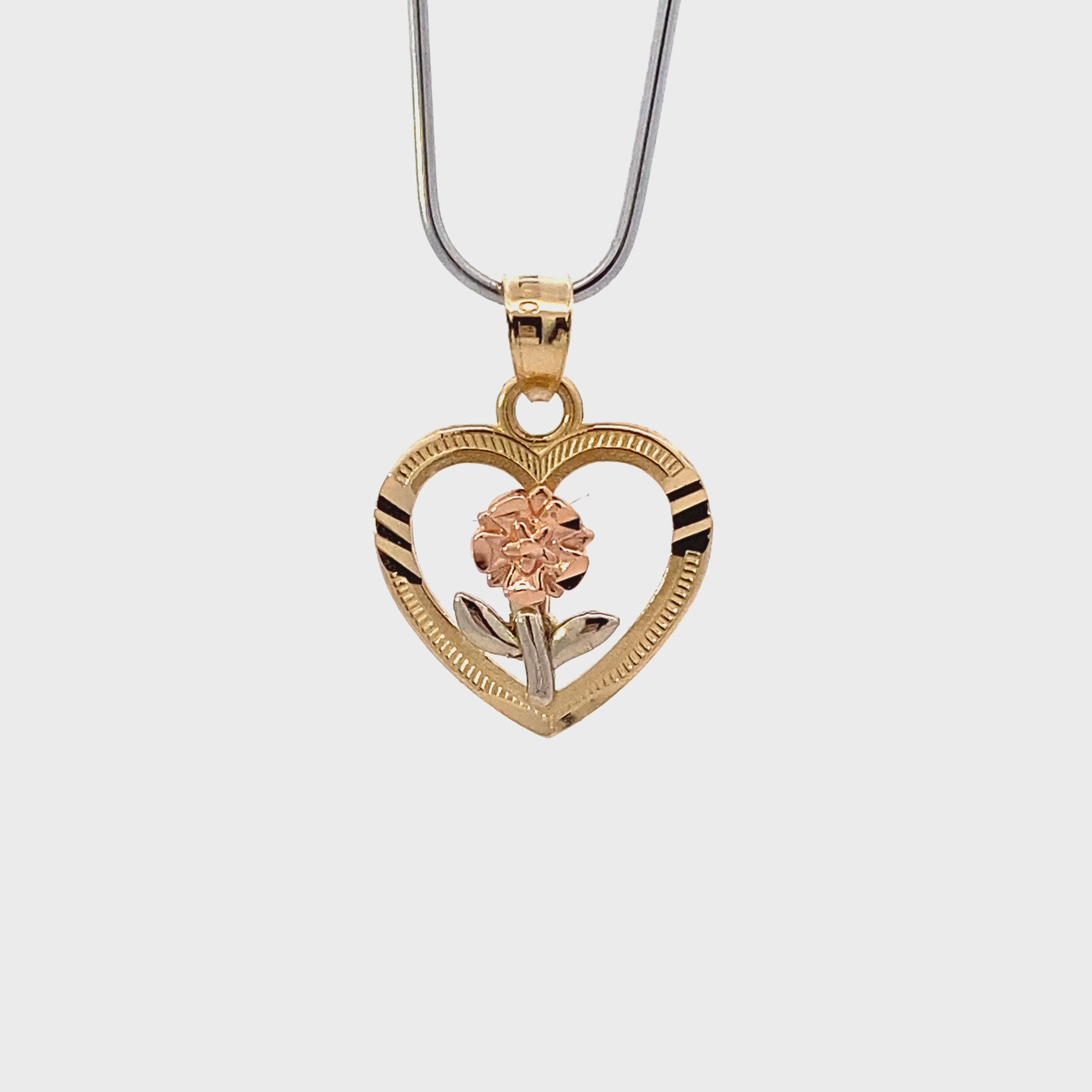 14K Tri-Color Gold DC Heart & Rose Pendant