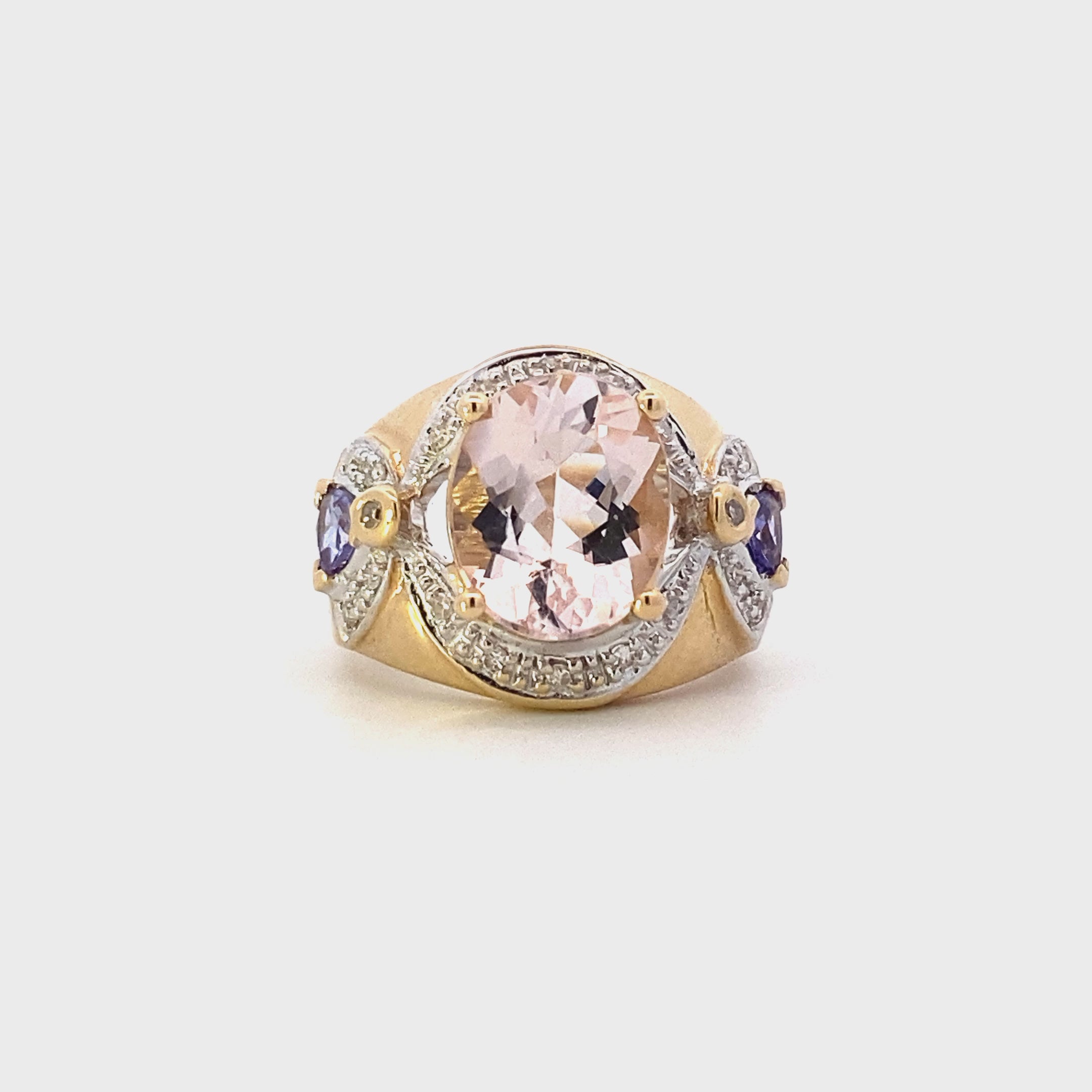 14K Yellow Gold Pink Quartz , Trillion Tanzanite & Diamond Ring - 0.16ct