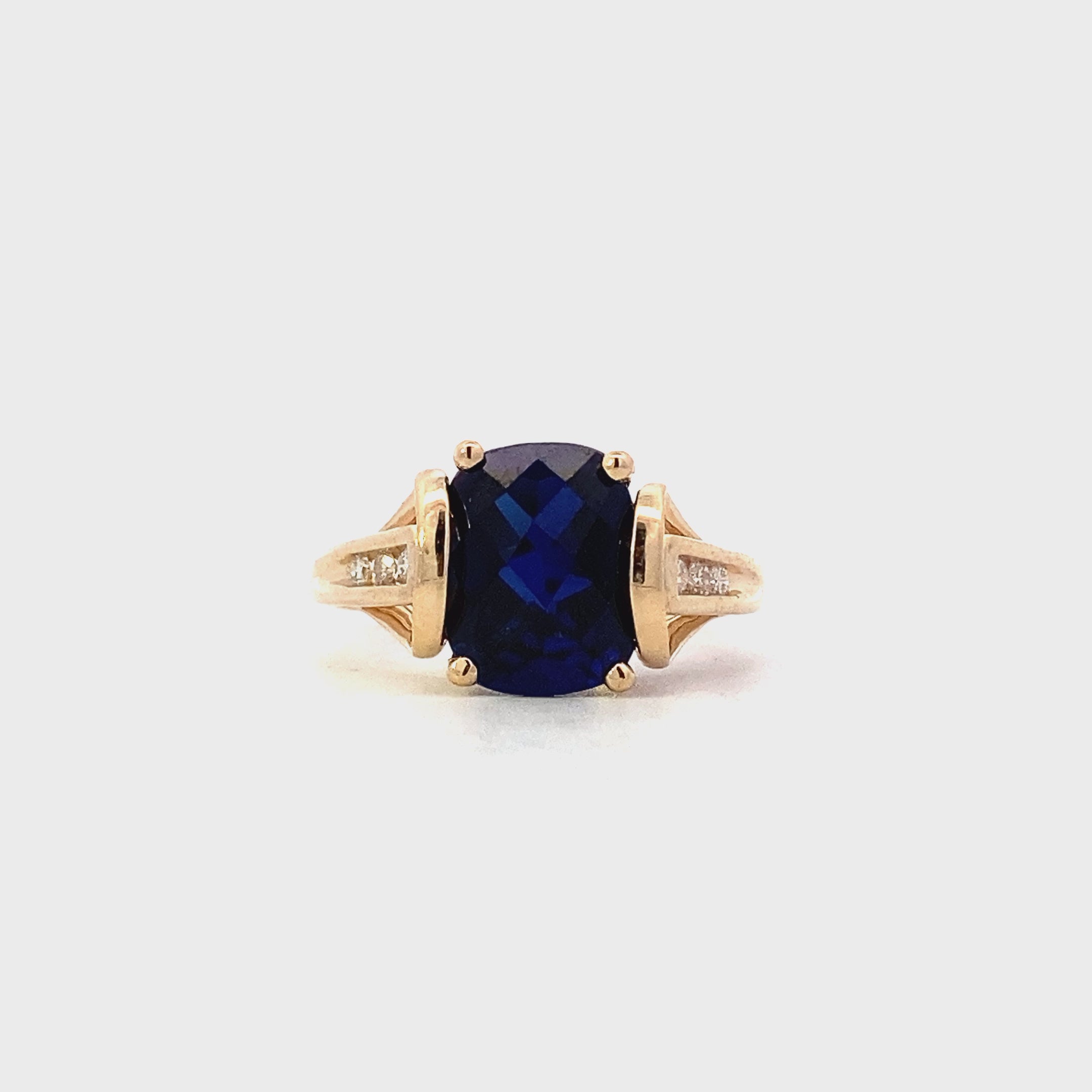 10K Yellow Gold Synthetic Blue Sapphire Women's Diamond Ring - 0.07ct