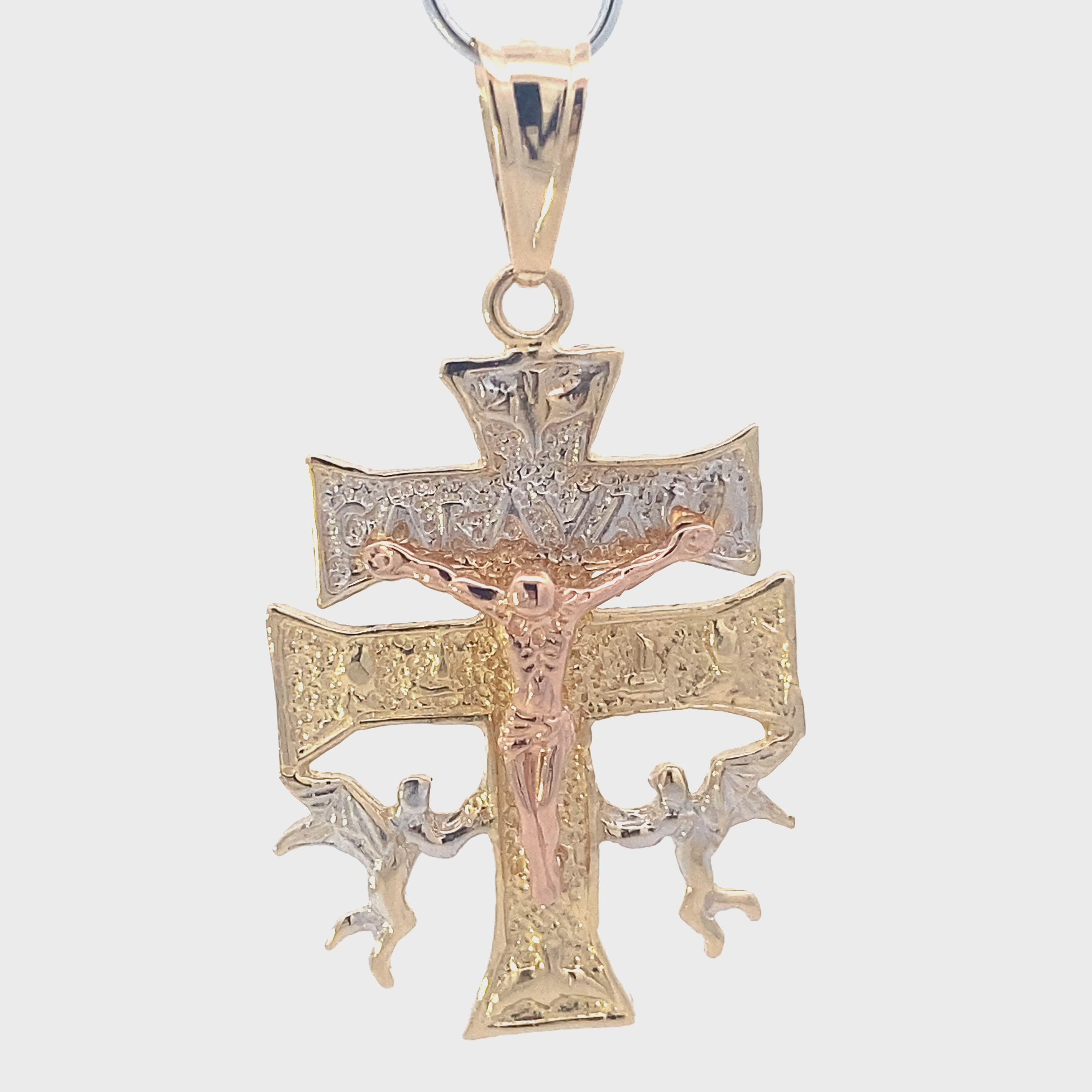 14K Tri-Color Gold 33x25mm Double Cross Crucifix & Angels Pendant