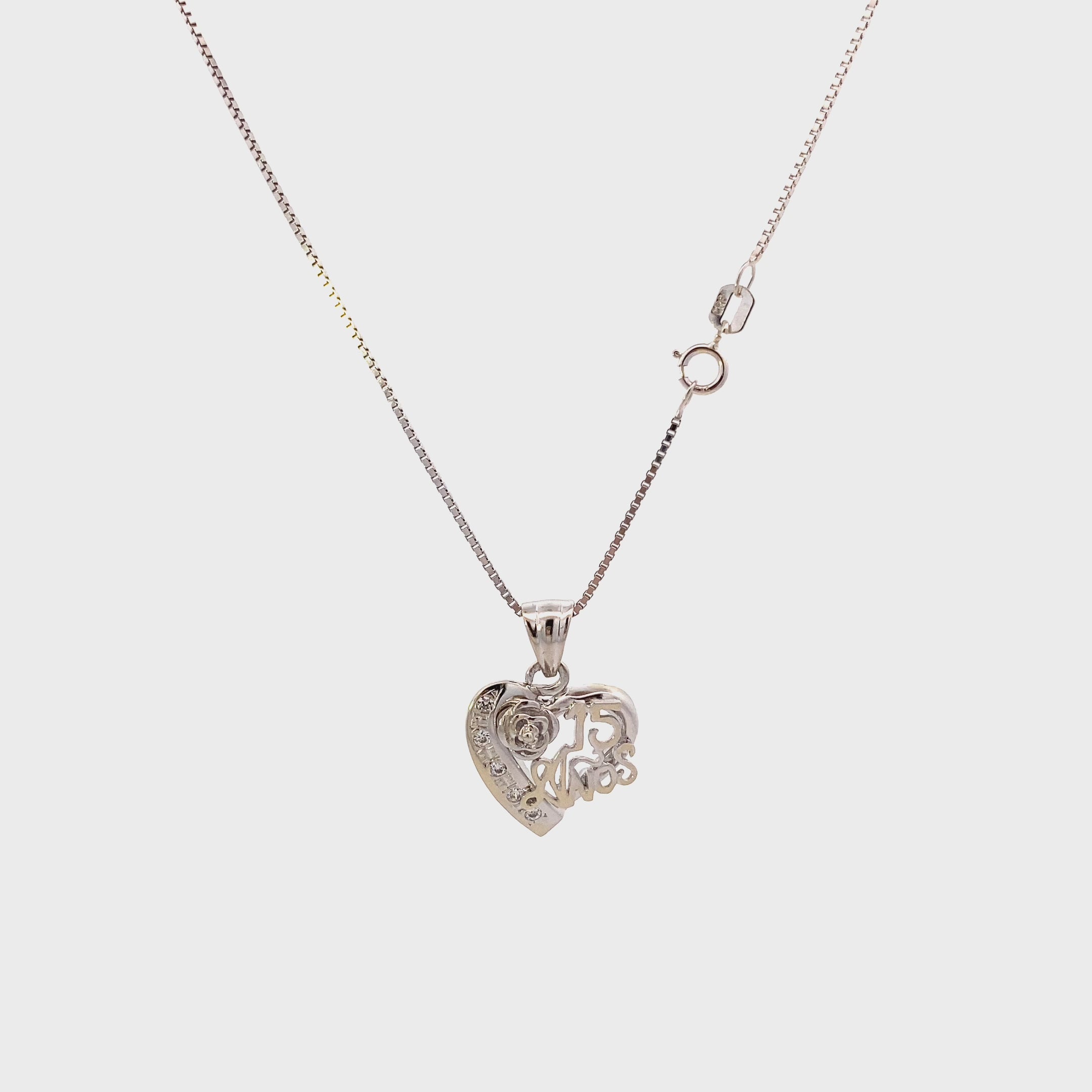 14K White Gold Heart & Rose 